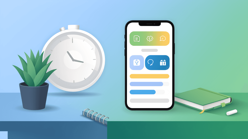 Illustration sans texte d’un espace de travail focus avec minuteur, téléphone et cartes de progression